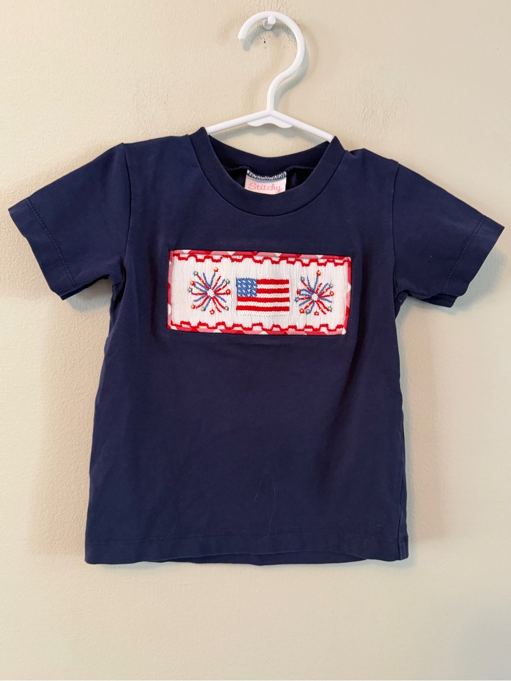 Stitchy Fish Navy T-Shirt with American Flag Smocked Panel